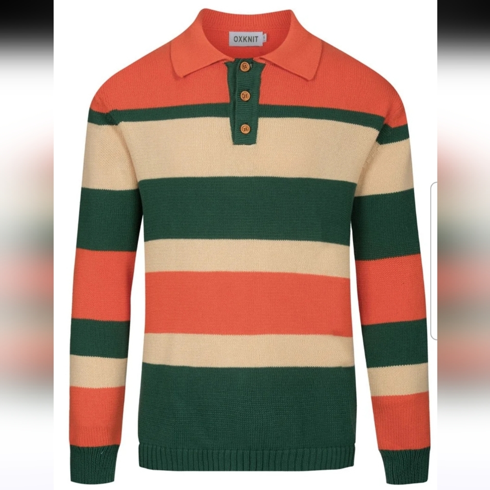 Men's orange and green striped jacquard knitted polo